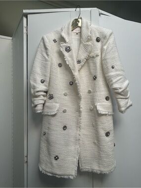cinq a sept White Embellished Bouclé Pea Coat